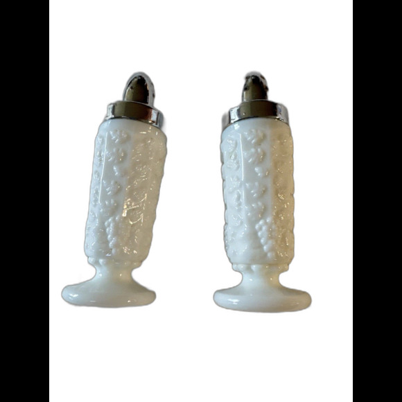 WESTMORELAND MILK GLASS PANELED GRAPE ANHD LEAF 4 3/4" SALT AND PEPPER SHAKERS - Picture 1 of 6